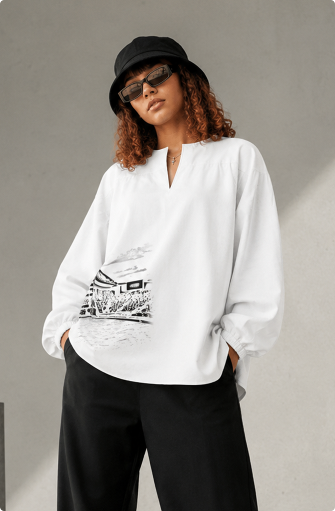 Manomento Canvas Shirt in white with a hand drawn graphic