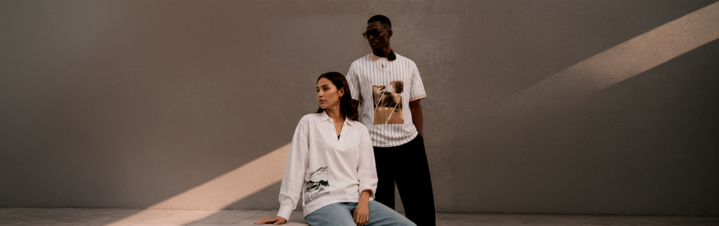 Custom Manomento pieces worn by two models