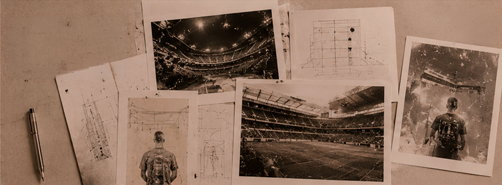 Manomento poster prints arranged on a surface