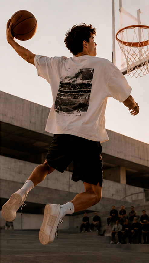 Manomento graphic t-shirt worn on a basketball court